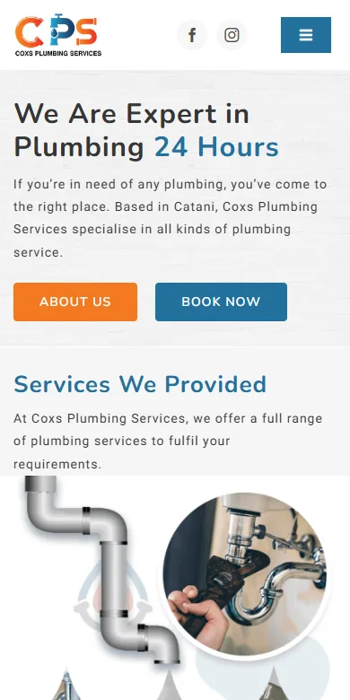 Coxs Plumbing's current website on a phone: a stock heading and a cartoon tap